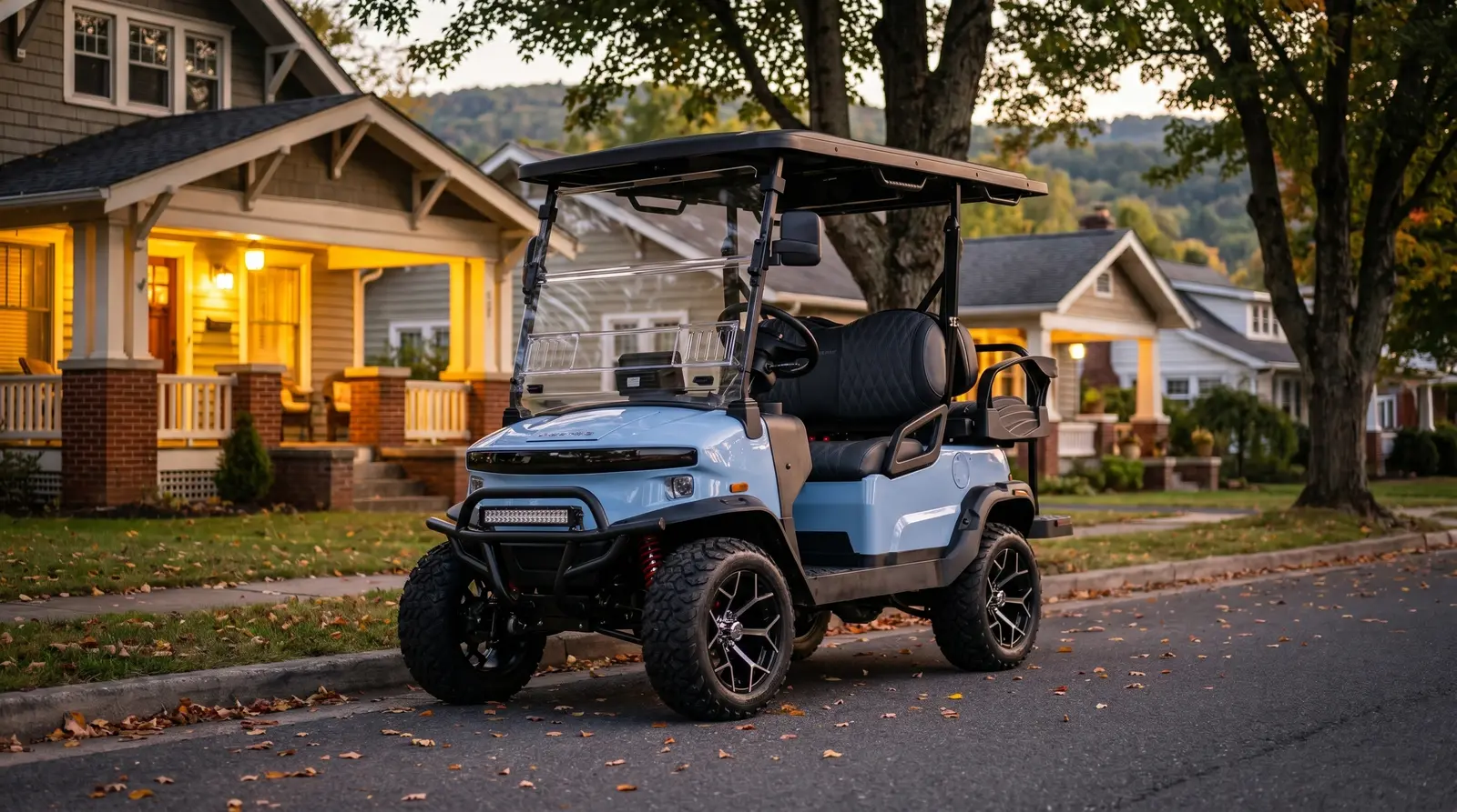An electric Denago golf cart on a quiet Shenandoah Valley street at golden hour