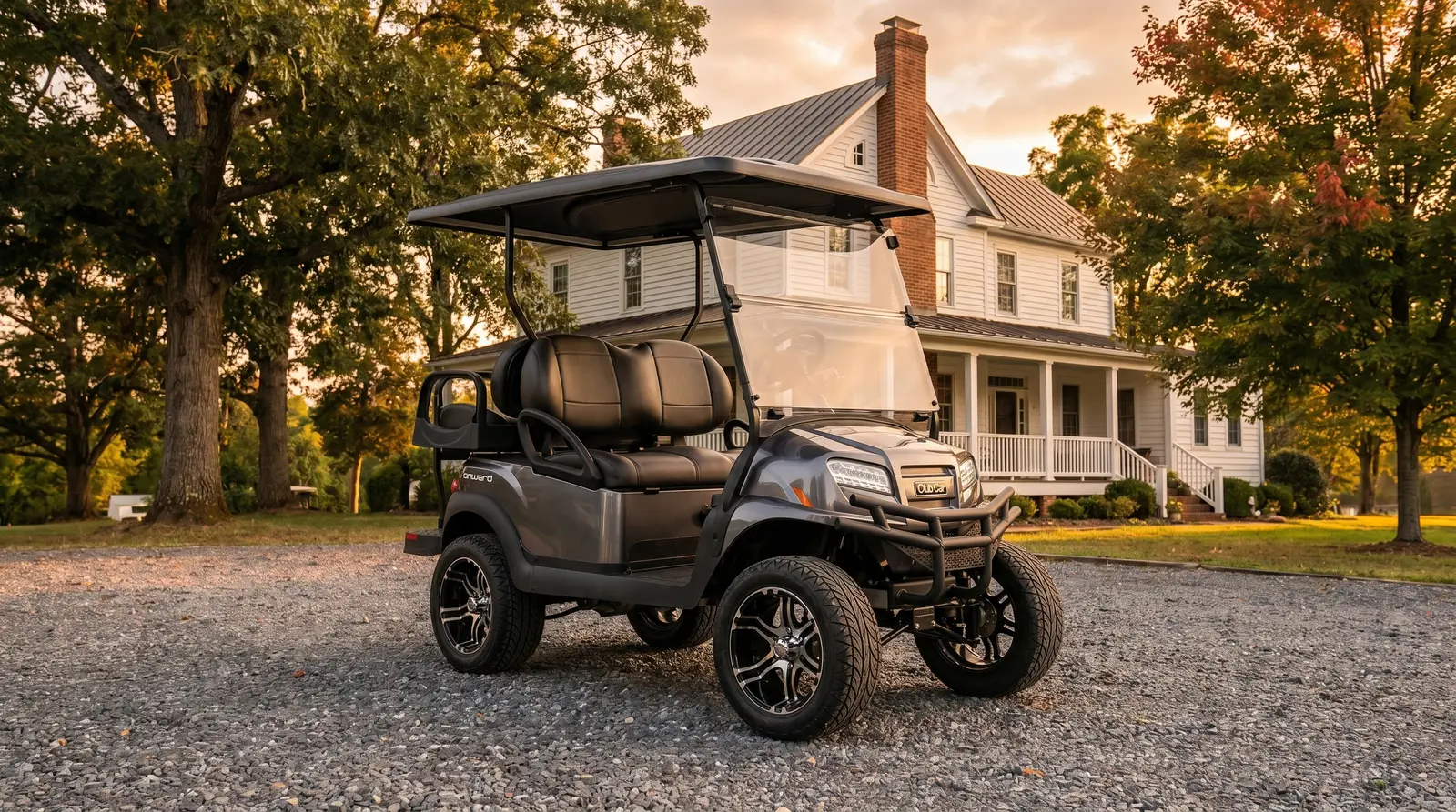 A golf cart on a country estate drive
