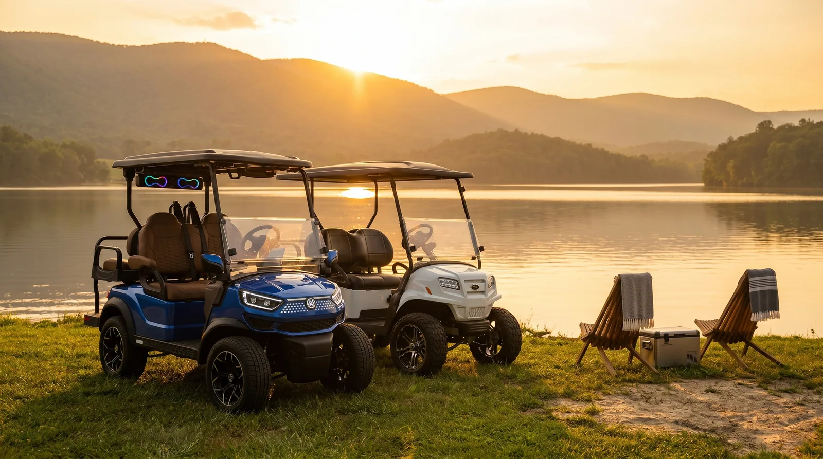 Golf carts overlooking the mountains near Massanutten Resort at sunset