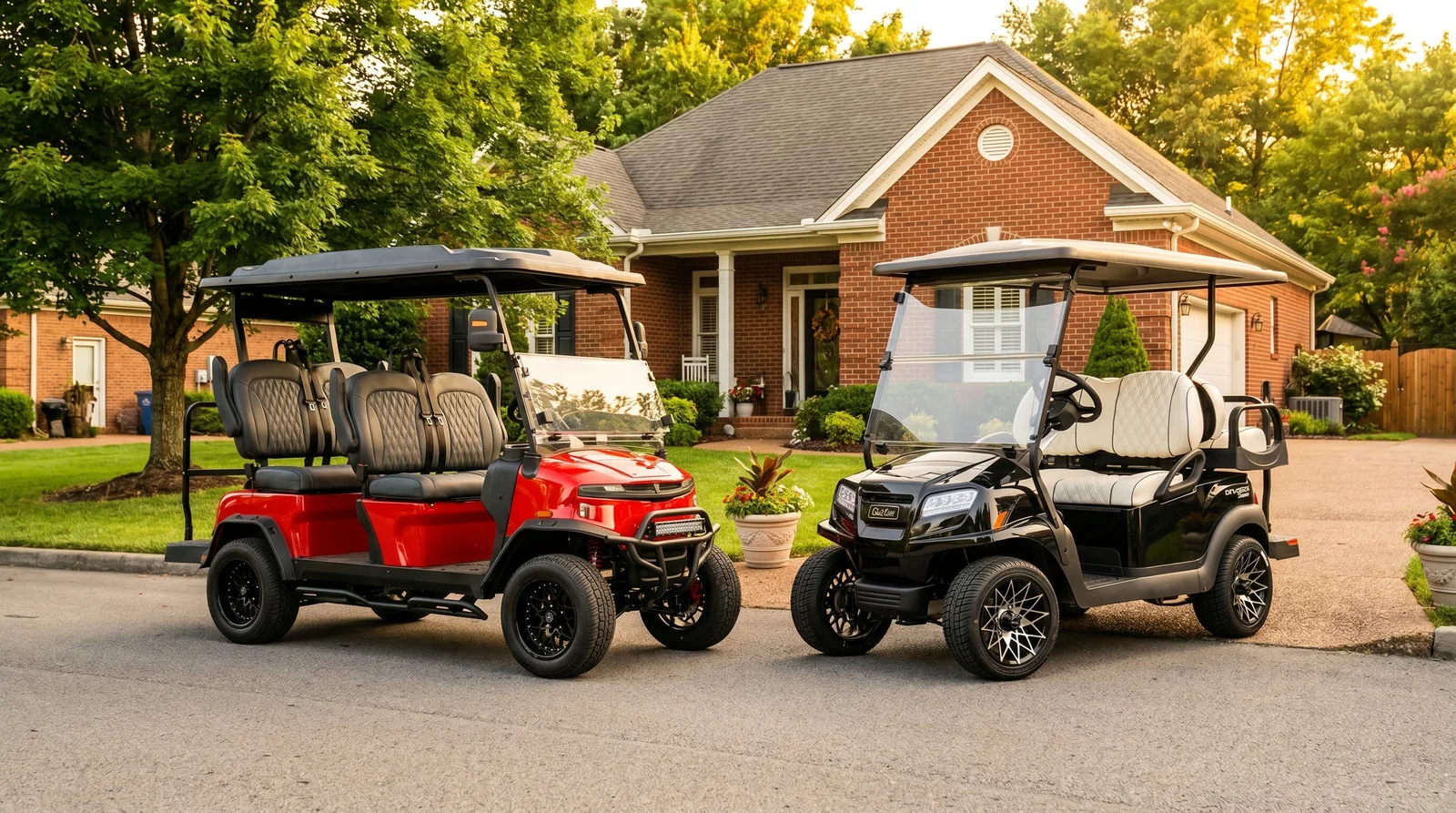 A new and a pre-owned golf cart parked together